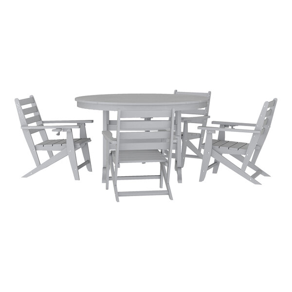 A gray outdoor dining set featuring a round table and four Adirondack chairs.