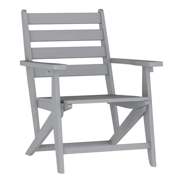 A gray wooden Adirondack chair with a slatted back and seat, designed for outdoor use.