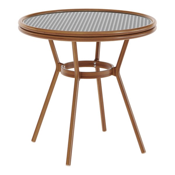 Flash Furniture Lourdes 31 1/2" Black and White PE Rattan Bistro Table with Glass Top and Bamboo-Print Aluminum Frame
