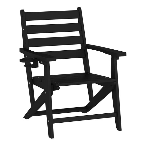 A black Adirondack chair made of HDPE with a slatted back and seat, featuring a built-in cup holder on the armrest.
