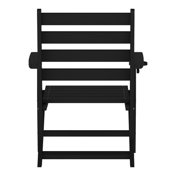 A black HDPE Adirondack chair with a cup holder.