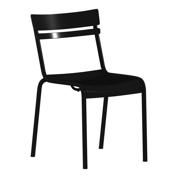 A black steel stackable side chair with a slat back design suitable for indoor or outdoor use.