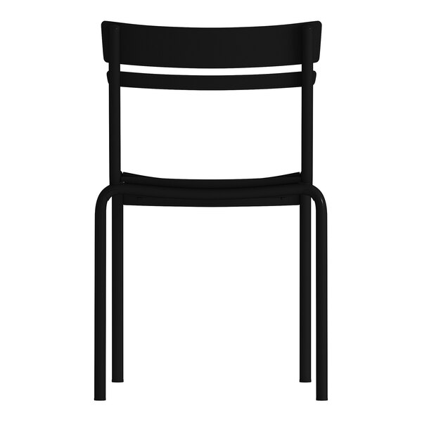 A black steel stackable side chair with a slat back design suitable for indoor or outdoor use.