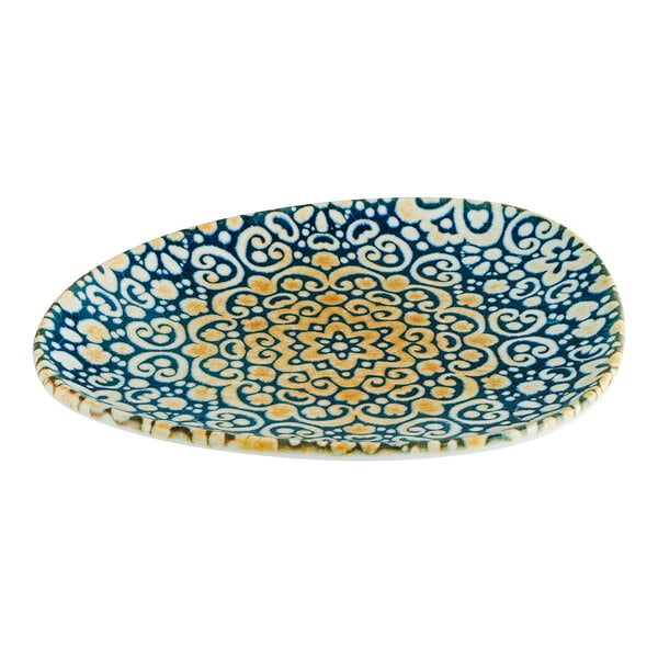 Bonna by Global Tableware Collective Alhambra 7 1/4" x 5 7/8" Irregular Round Blue and Orange Porcelain Flat Plate - 12/Case