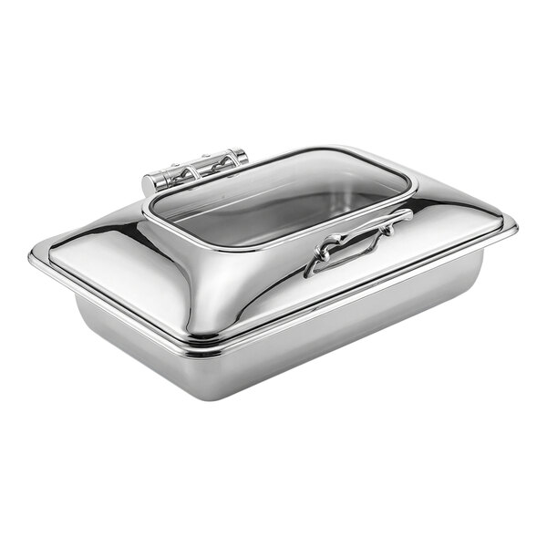 Eastern Tabletop EcoServe Classic Crown 8 Qt. Full Size Stainless Steel Rectangular Waterless Chafer with Hinged Glass Lid EB15516