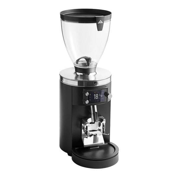 A black Mahlkonig E80W GBS espresso grinder with a large clear hopper and digital display.