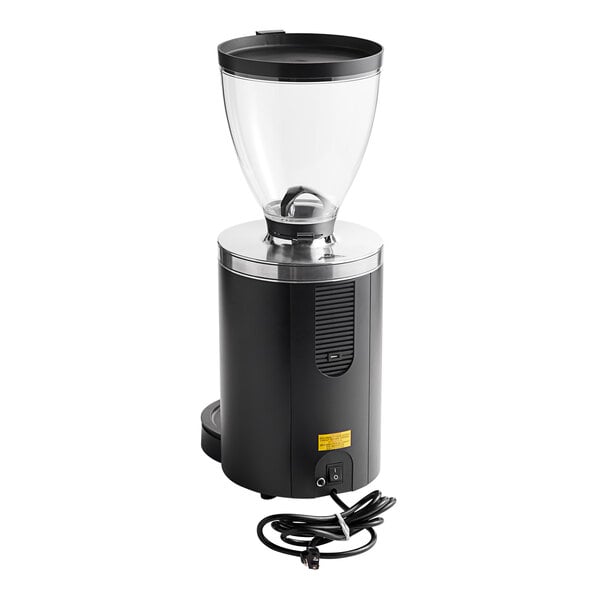 A black Mahlkonig E80W GBS espresso grinder with a large clear hopper and attached power cord.