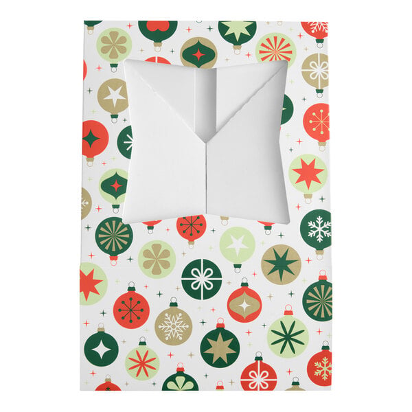 A rectangular bakery box with a festive ornament pattern in red, green, and gold, featuring a clear window on the top.