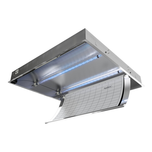 A stainless steel ceiling-mount LED insect light trap with a curved adhesive board and two LED light tubes.