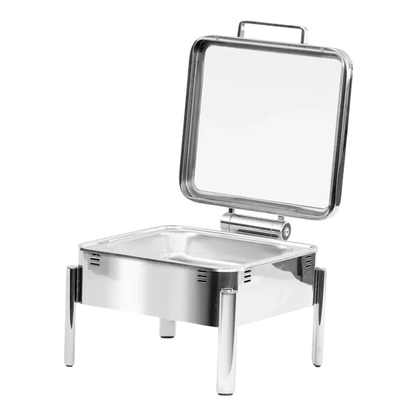 Eastern Tabletop EcoServe Classic Clara 6 Qt. 2/3 Size Stainless Steel Square Waterless Chafer with Soft-Close Glass Lid EB15501