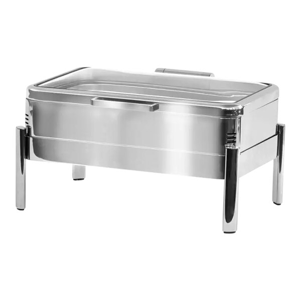 Eastern Tabletop EcoServe Classic Solas 8 Qt. Full Size Stainless Steel Rectangular Waterless Chafer with Soft-Close Glass Lid EB15506