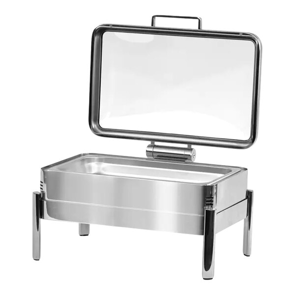 Eastern Tabletop EcoServe Classic Solas 8 Qt. Full Size Stainless Steel Rectangular Waterless Chafer with Soft-Close Glass Lid EB15506