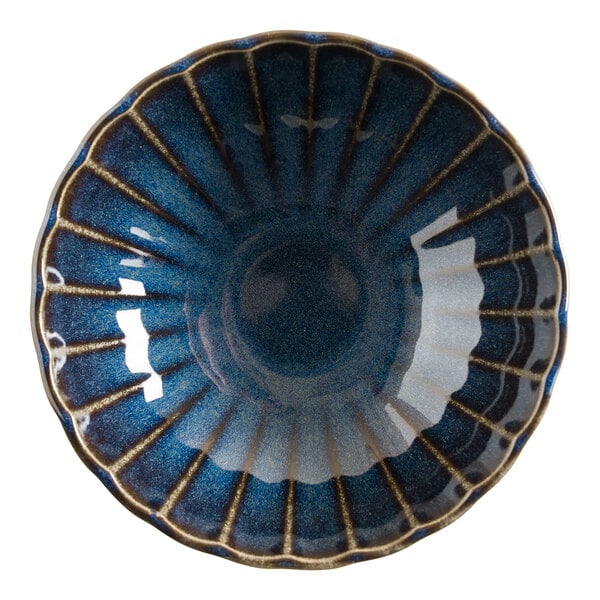 Bonna by Global Tableware Collective East Ocean 6 3/8" Scalloped Round Blue and Tan Porcelain Bowl - 12/Case