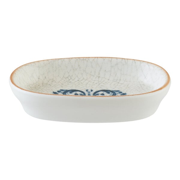 Bonna by Global Tableware Collective Viento 4" x 2 5/8" Oblong Porcelain Platter with Blue Patterns and Tan Edge - 12/Case
