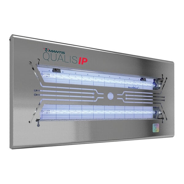 A stainless steel wall-mounted LED insect light trap with two horizontal light tubes and a grid design on the front panel.