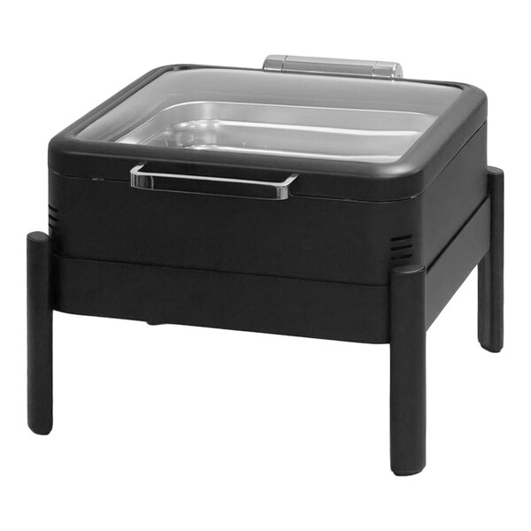 Eastern Tabletop EcoServe Classic Solas 6 Qt. 2/3 Size Matte Black Stainless Steel Square Waterless Chafer with Soft-Close Glass Lid EB15510