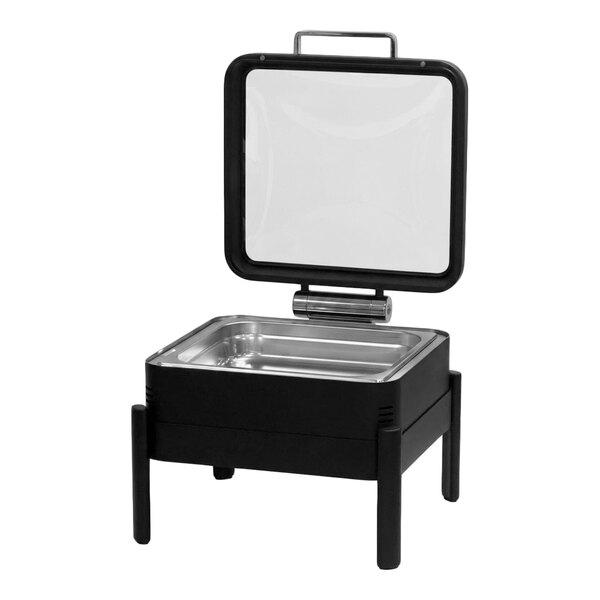 Eastern Tabletop EcoServe Classic Solas 6 Qt. 2/3 Size Matte Black Stainless Steel Square Waterless Chafer with Soft-Close Glass Lid EB15510