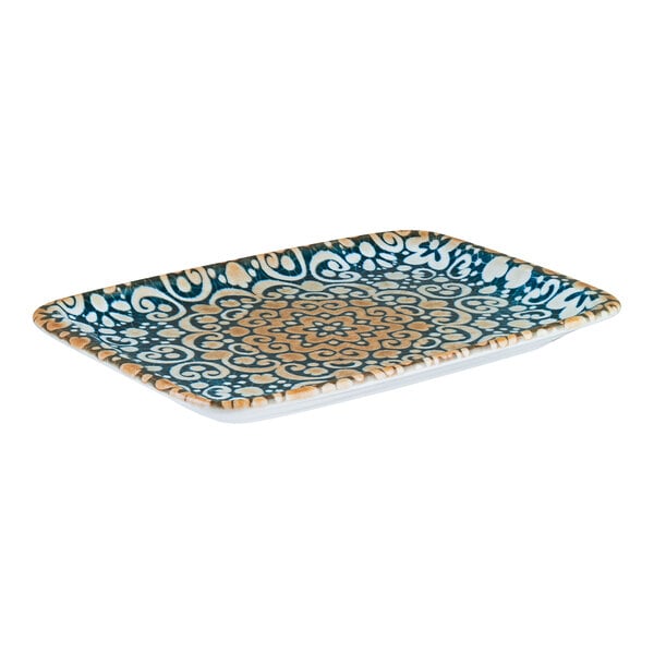 Bonna by Global Tableware Collective Alhambra 9 1/8" x 6 1/2" Rectangular Blue and Orange Porcelain Platter - 12/Case