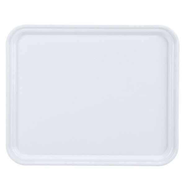 A white rectangular Cambro fiberglass tray with a white border.