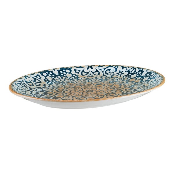 Bonna by Global Tableware Collective Alhambra 12 1/4" x 9 1/2" Oval Blue and Orange Porcelain Platter - 6/Case