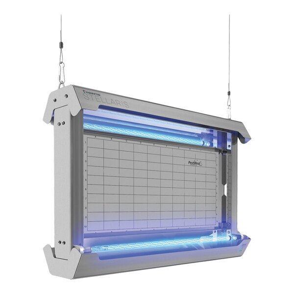 A stainless steel double-sided ceiling-suspended LED insect light trap.
