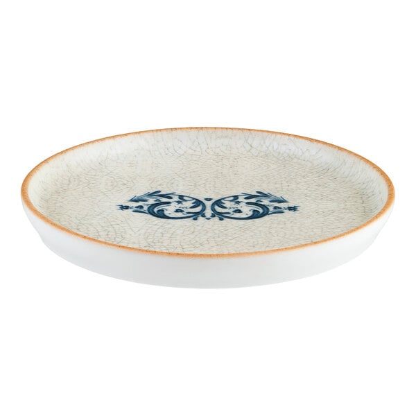 Bonna by Global Tableware Collective Viento 6 1/8" Round Porcelain Flat Plate with Blue Patterns and Tan Edge - 12/Case