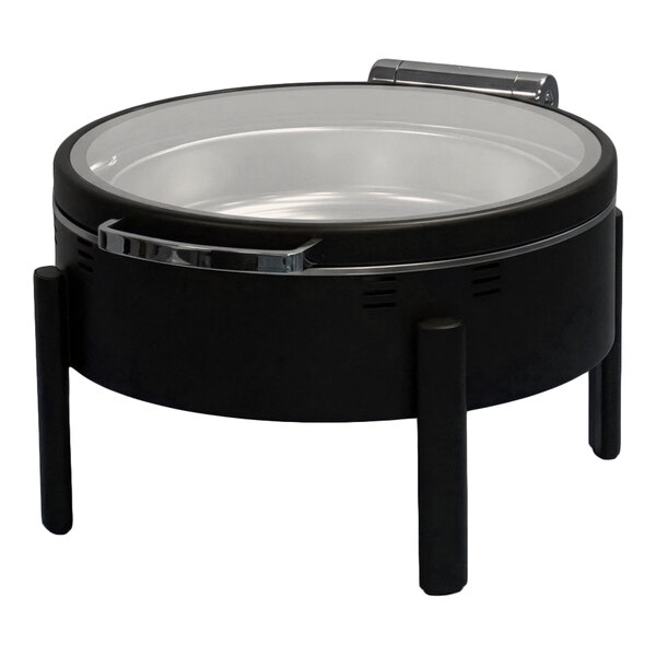 Eastern Tabletop EcoServe Classic Clara 6 Qt. 2/3 Size Matte Black Stainless Steel Round Waterless Chafer with Soft-Close Glass Lid EB15505
