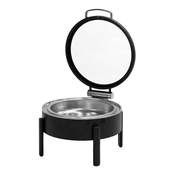 Eastern Tabletop EcoServe Classic Clara 6 Qt. 2/3 Size Matte Black Stainless Steel Round Waterless Chafer with Soft-Close Glass Lid EB15505