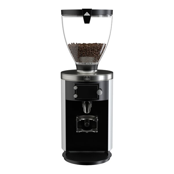 An on-demand espresso grinder with a transparent hopper containing coffee beans and a sleek white and black body.