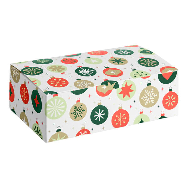 A rectangular box decorated with colorful Christmas ornament patterns on a white background.