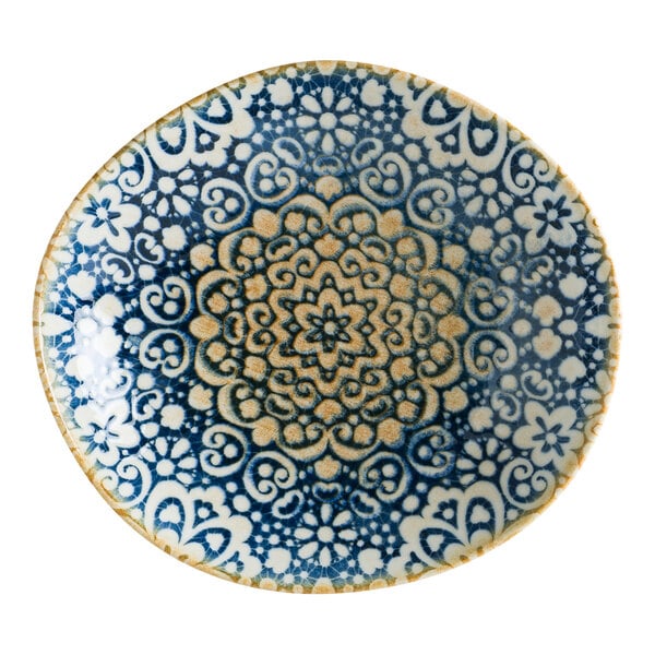 Bonna by Global Tableware Collective Alhambra 9" x 8 1/4" Irregular Blue and Orange Porcelain Deep Plate - 6/Case