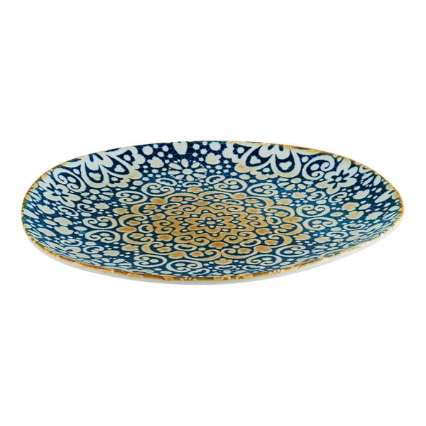 Bonna by Global Tableware Collective Alhambra 11 1/2" x 10 5/8" Irregular Round Blue and Orange Porcelain Flat Plate - 6/Case