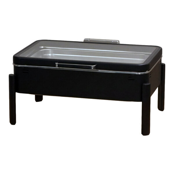 Eastern Tabletop EcoServe Classic Clara 8 Qt. Full Size Matte Black Stainless Steel Rectangular Waterless Chafer with Soft-Close Glass Lid EB15503