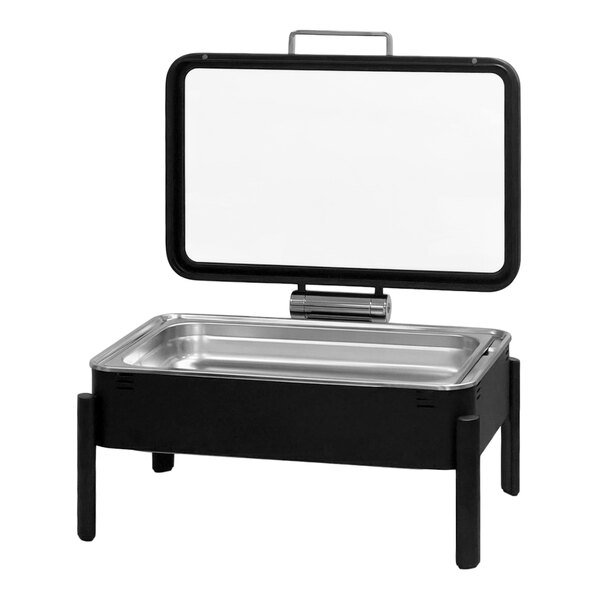 Eastern Tabletop EcoServe Classic Clara 8 Qt. Full Size Matte Black Stainless Steel Rectangular Waterless Chafer with Soft-Close Glass Lid EB15503