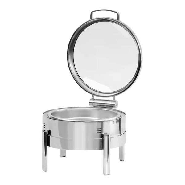 Eastern Tabletop EcoServe Classic Clara 6 Qt. 2/3 Size Stainless Steel Round Waterless Chafer with Soft-Close Glass Lid EB15502