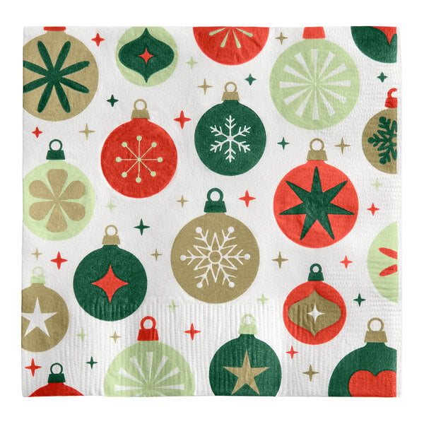 A square napkin featuring a festive pattern of colorful Christmas ornaments and stars in red, green, and gold on a white background.