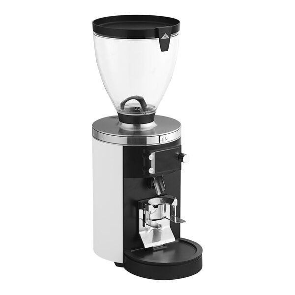 A white Mahlkonig E80W GBS espresso grinder with a large clear hopper and black accents.