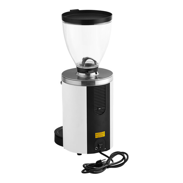 A white electric espresso grinder with a large clear hopper and a power cord.
