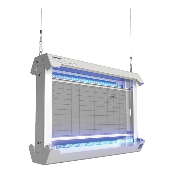 A white double-sided ceiling-suspended LED insect light trap with a rectangular frame and grid, designed for pest control.