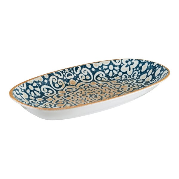 Bonna by Global Tableware Collective Alhambra 11 5/8" x 6 7/8" Oblong Blue and Orange Porcelain Platter - 6/Case