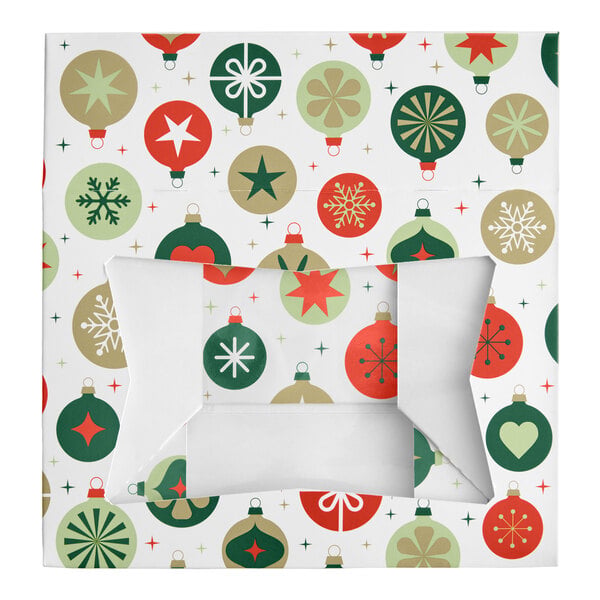 A square bakery box with a festive ornament pattern in red, green, and gold, featuring a clear window on the top.