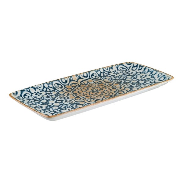 Bonna by Global Tableware Collective Alhambra 13 1/2" x 6 1/8" Rectangular Blue and Orange Porcelain Platter - 12/Case
