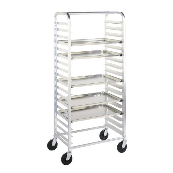 A Metro unassembled metal sheet pan rack with wheels.