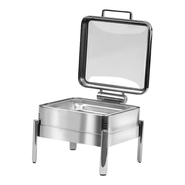 Eastern Tabletop EcoServe Classic Solas 6 Qt. 2/3 Size Stainless Steel Square Waterless Chafer with Soft-Close Glass Lid EB15507