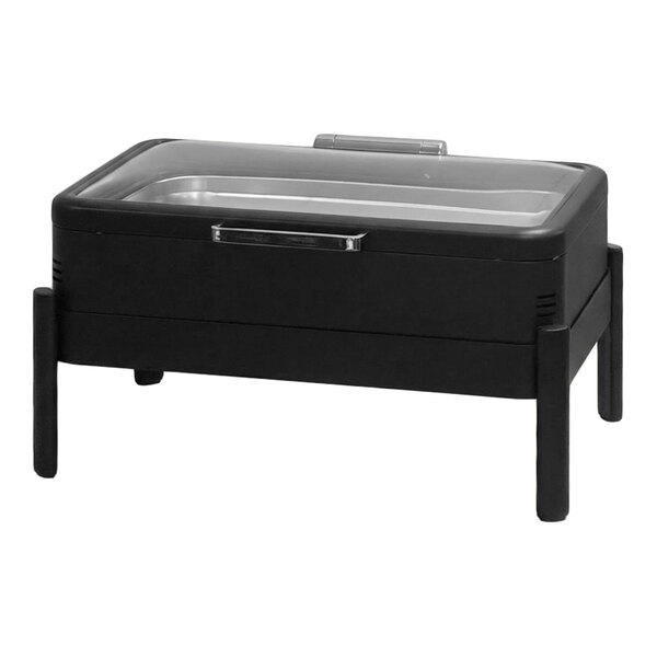 Eastern Tabletop EcoServe Classic Solas 8 Qt. Full Size Matte Black Stainless Steel Rectangular Waterless Chafer with Soft-Close Glass Lid EB15509