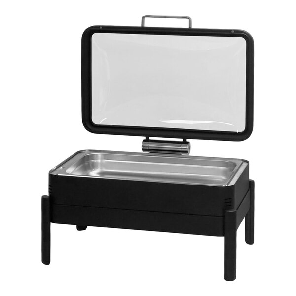 Eastern Tabletop EcoServe Classic Solas 8 Qt. Full Size Matte Black Stainless Steel Rectangular Waterless Chafer with Soft-Close Glass Lid EB15509