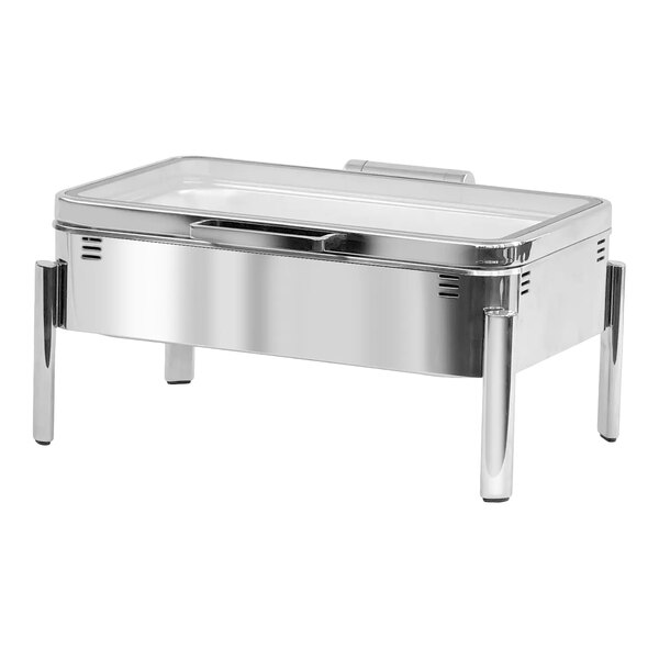 Eastern Tabletop EcoServe Classic Clara 8 Qt. Full Size Stainless Steel Rectangular Waterless Chafer with Soft-Close Glass Lid EB15500