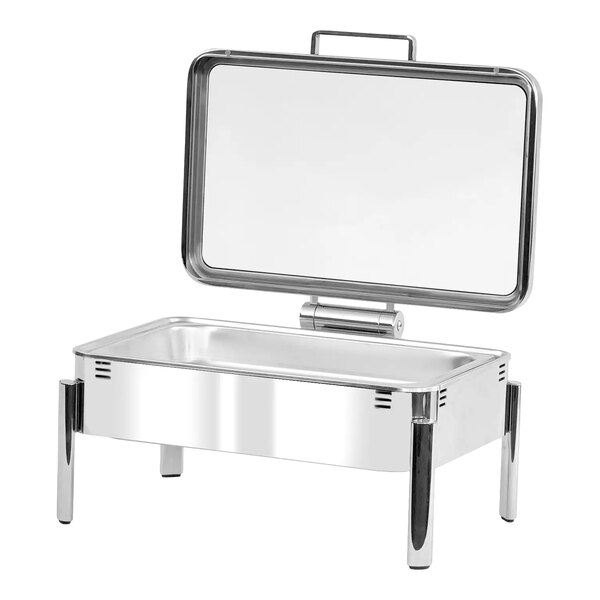 Eastern Tabletop EcoServe Classic Clara 8 Qt. Full Size Stainless Steel Rectangular Waterless Chafer with Soft-Close Glass Lid EB15500