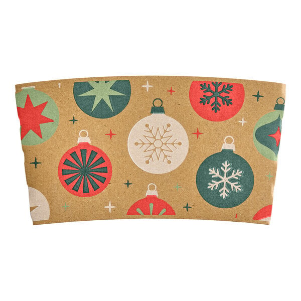 A festive coffee cup sleeve decorated with colorful Christmas ornament designs on a brown background.