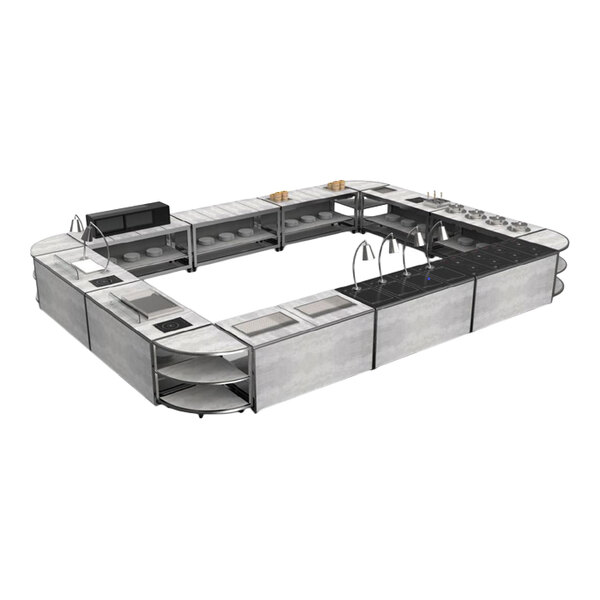A modular stainless steel buffet station with multiple work surfaces, sinks, and storage shelves.
